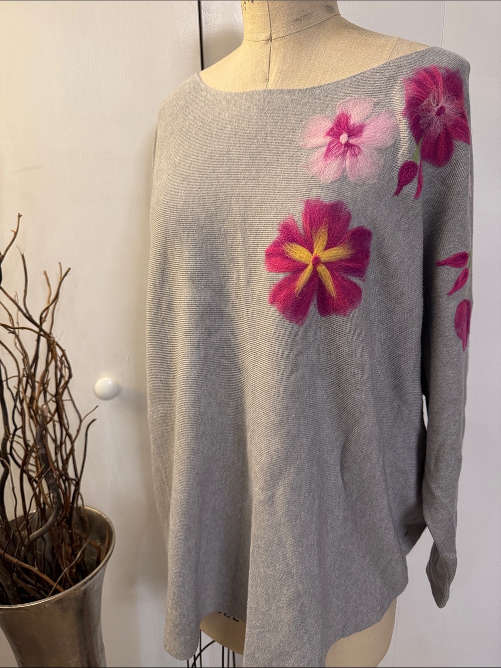 Gray Off-the-Shoulder Sweater with Pink Floral Embroidery